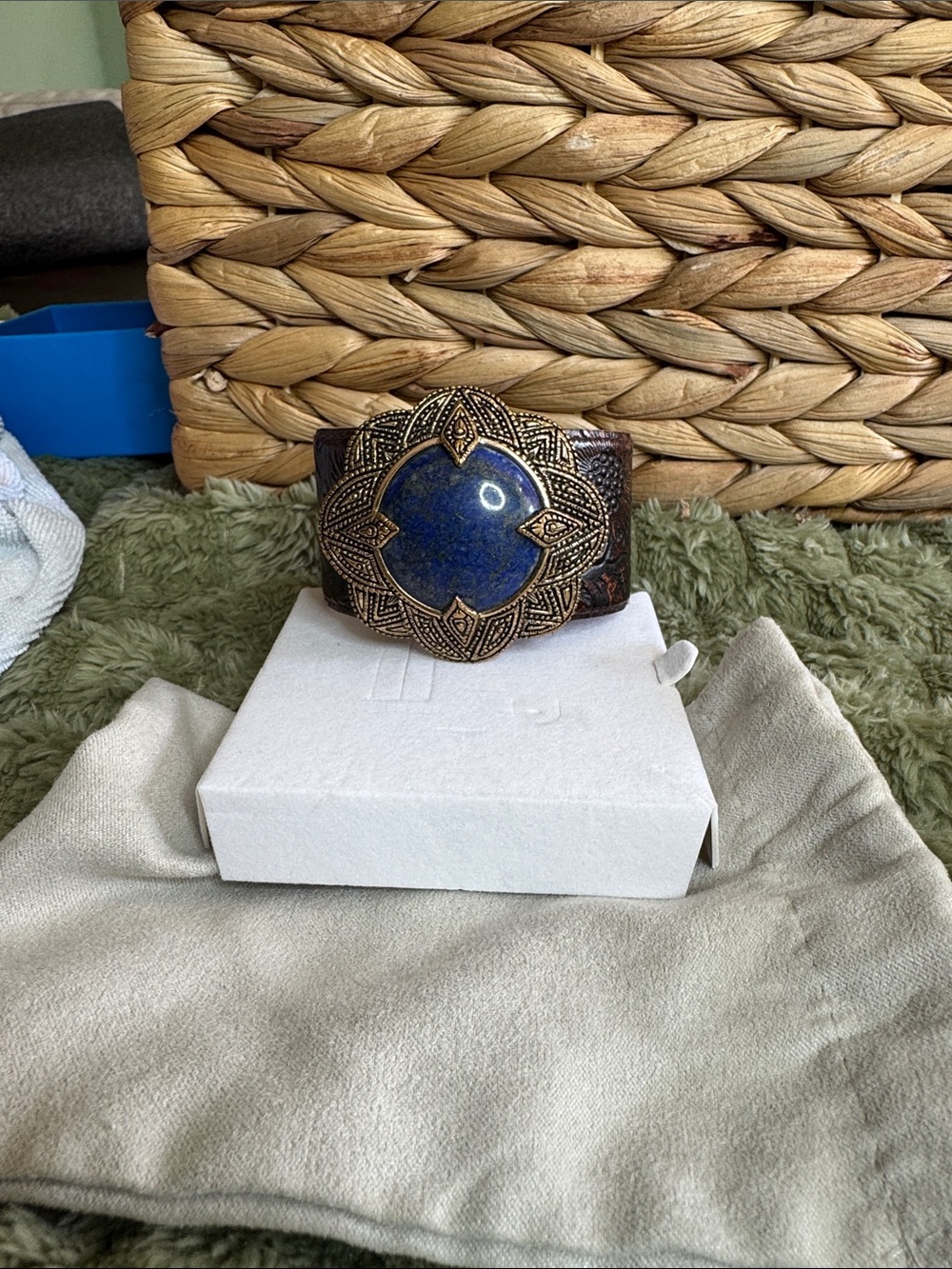 Studio Barse Brass Cuff Bracelet with Deep Blue Stone